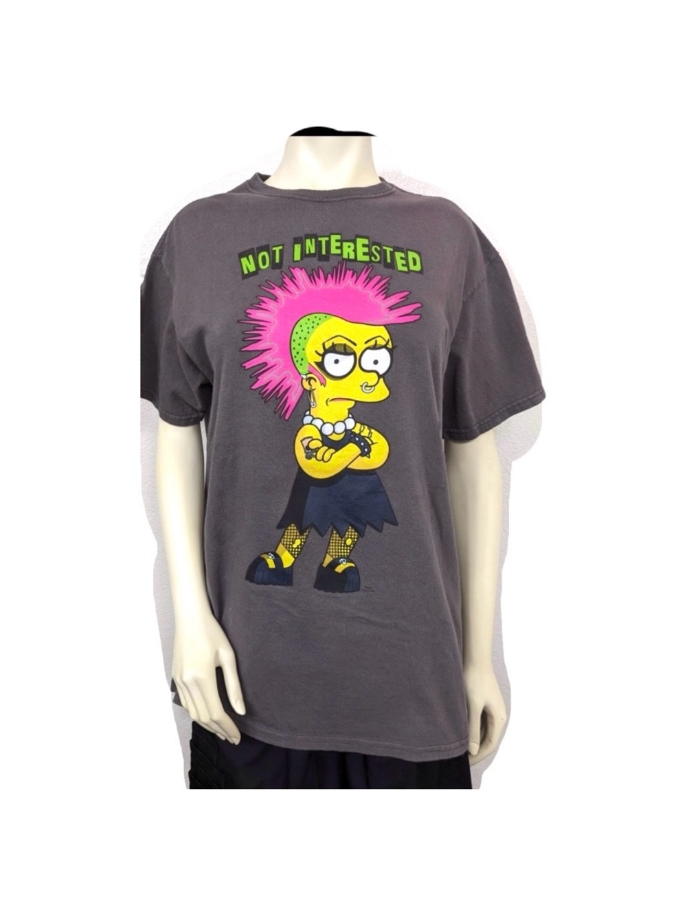 Gray Short Sleeve Tee with Pink Punk Graphic - Not Interested Size L
